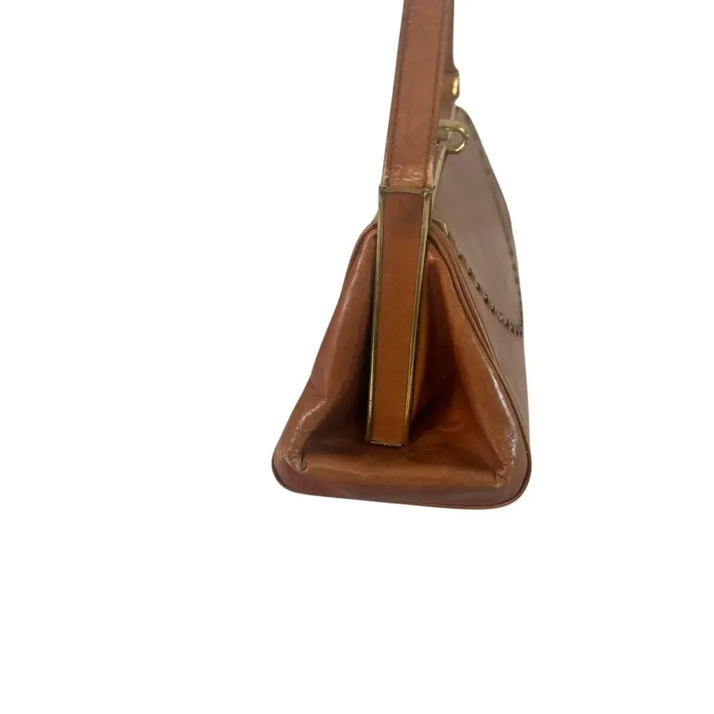 Vintage 1950s Brown Leather Frame Clutch Shoulder Bag Whipstitch
